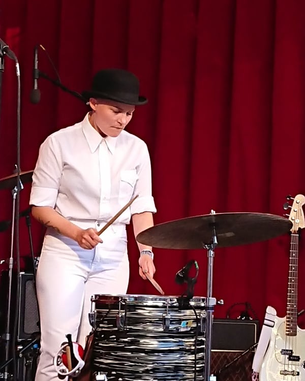 Maria Jutunen playing the drums. Nelson Can, 'Lille fredag' - 31 May, 2018, Orangeriet, Tivoli.