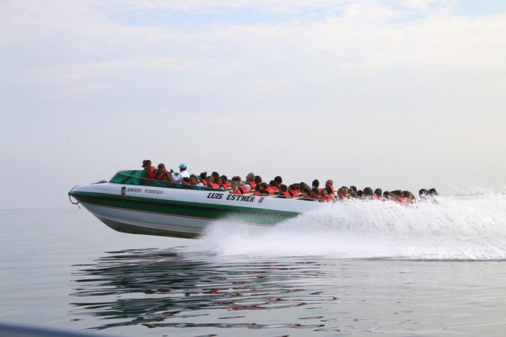 On the trip to the Ballestas Islands you will go on fast-sailing motorboats. Pacific Ocean, Paracas, Peru.